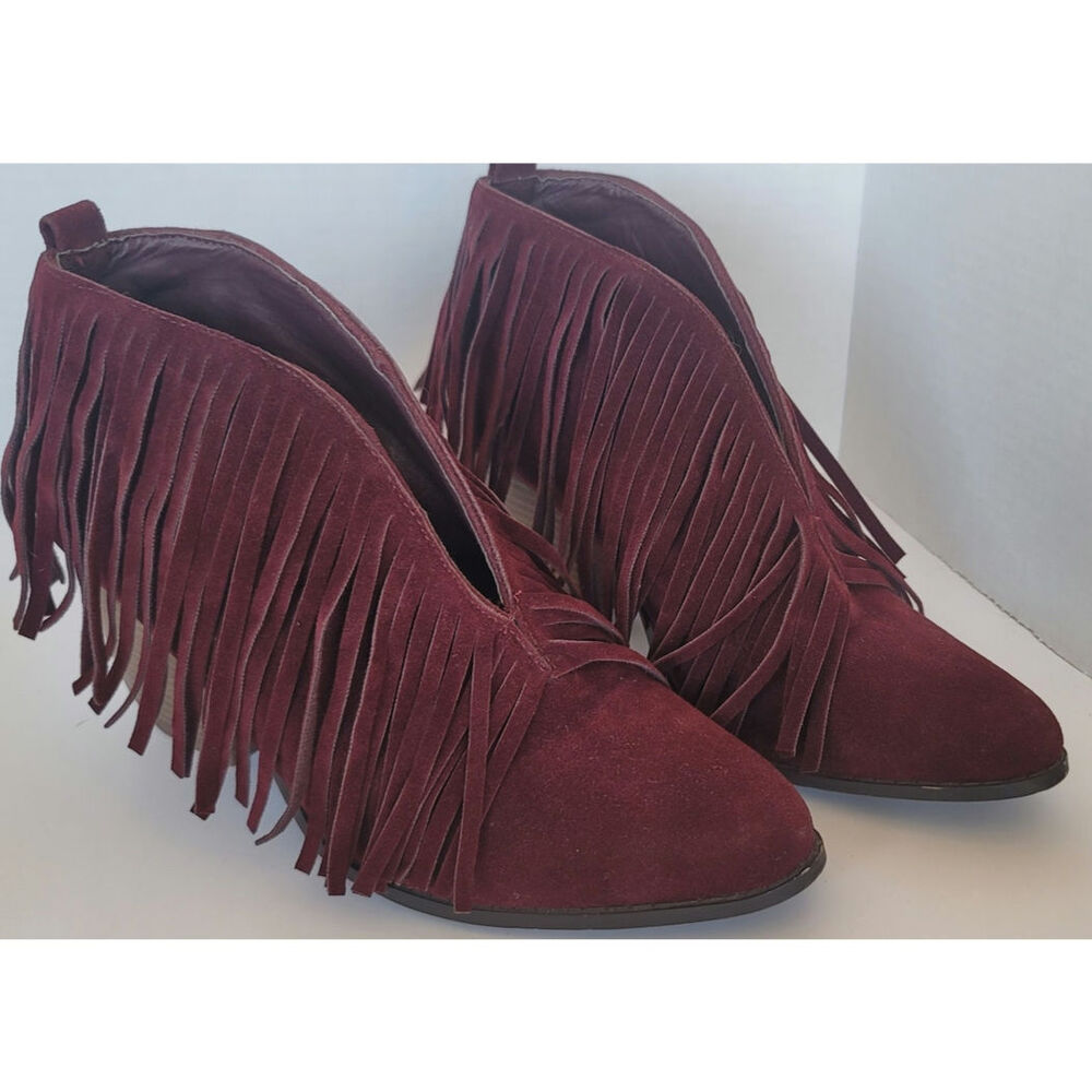 Wild G  Maroon Fringe Ankle Booties  Faux Suede Slip-on Size 9 Festival Boho